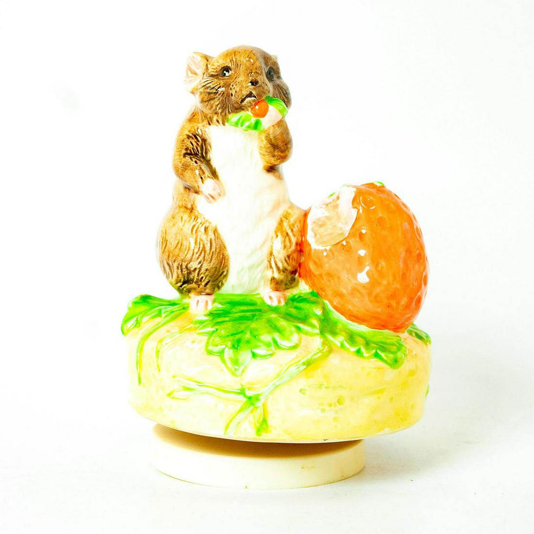 Schmid Music Box, Beatrix Potter, Timmy Willie: Mouse eating a strawberry atop a leafy rotating base that plays music. Schmid backstamp. Original manufacture's label. Inscription on side that reads 'Timmy Willie, Beatrix Potter, Schmid'. Issued: 19