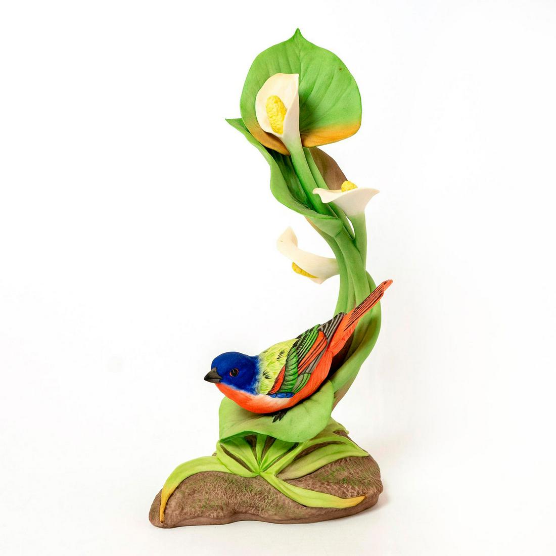 Boehm Bird Figurine, Painted Bunting 400-38: Porcelain; matte finish. Green, red and blue coloration. Exquisite detail. Titled on the underside. Boehm backstamp. Artist: Edward Marshall Boehm Issued: 20th c. Dimensions: 10"H Manufacturer: Boehm