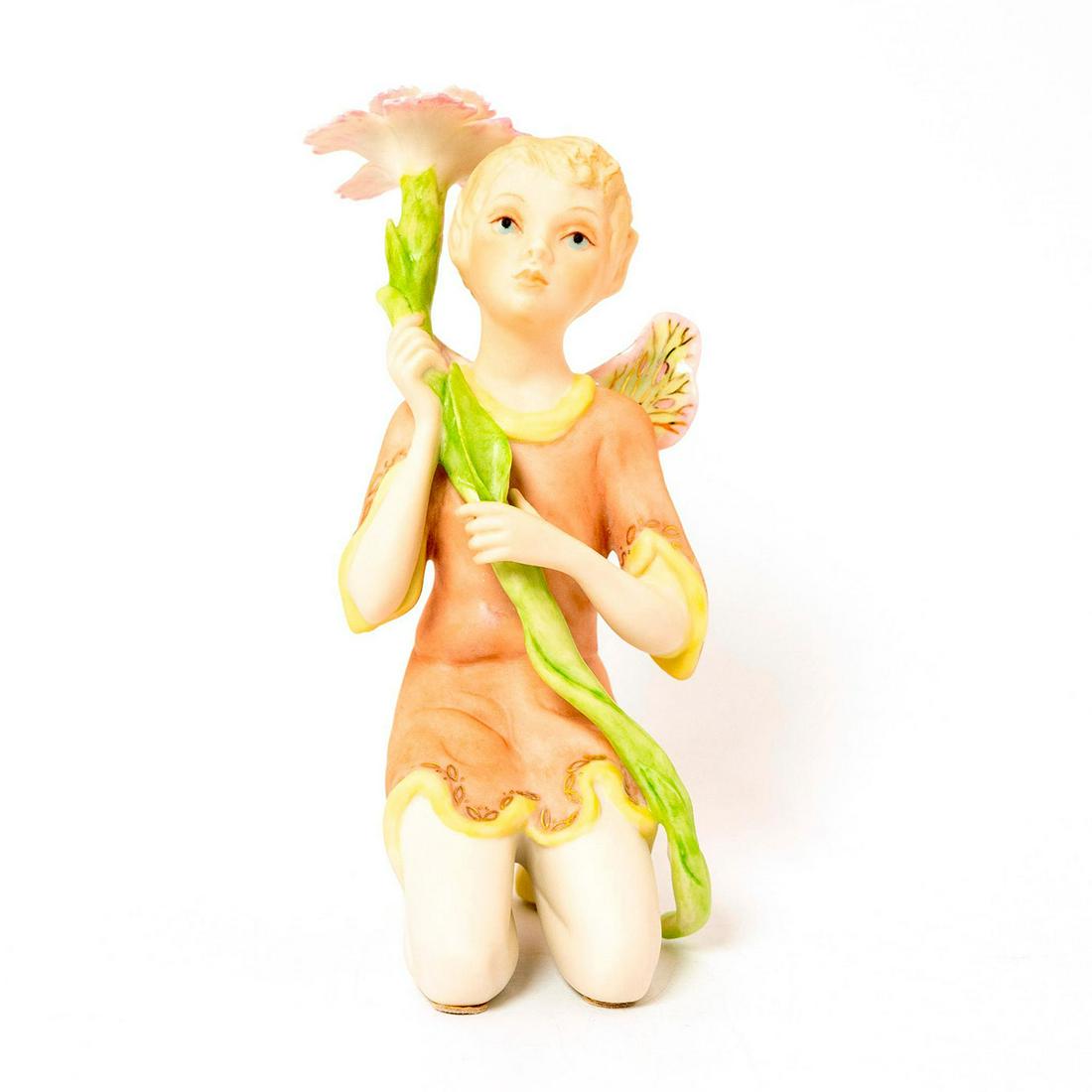 Cybis Porcelain Fairy Figurine, Carnation Boy: Fairy kneeling with a carnation in hands. Porcelain; matte finish. Soft pastel coloration. On base it depicts Cybis Special 50th Anniversary backstamp. Cybis USA backstamp. Issued: 1989 Dimensions: 6"