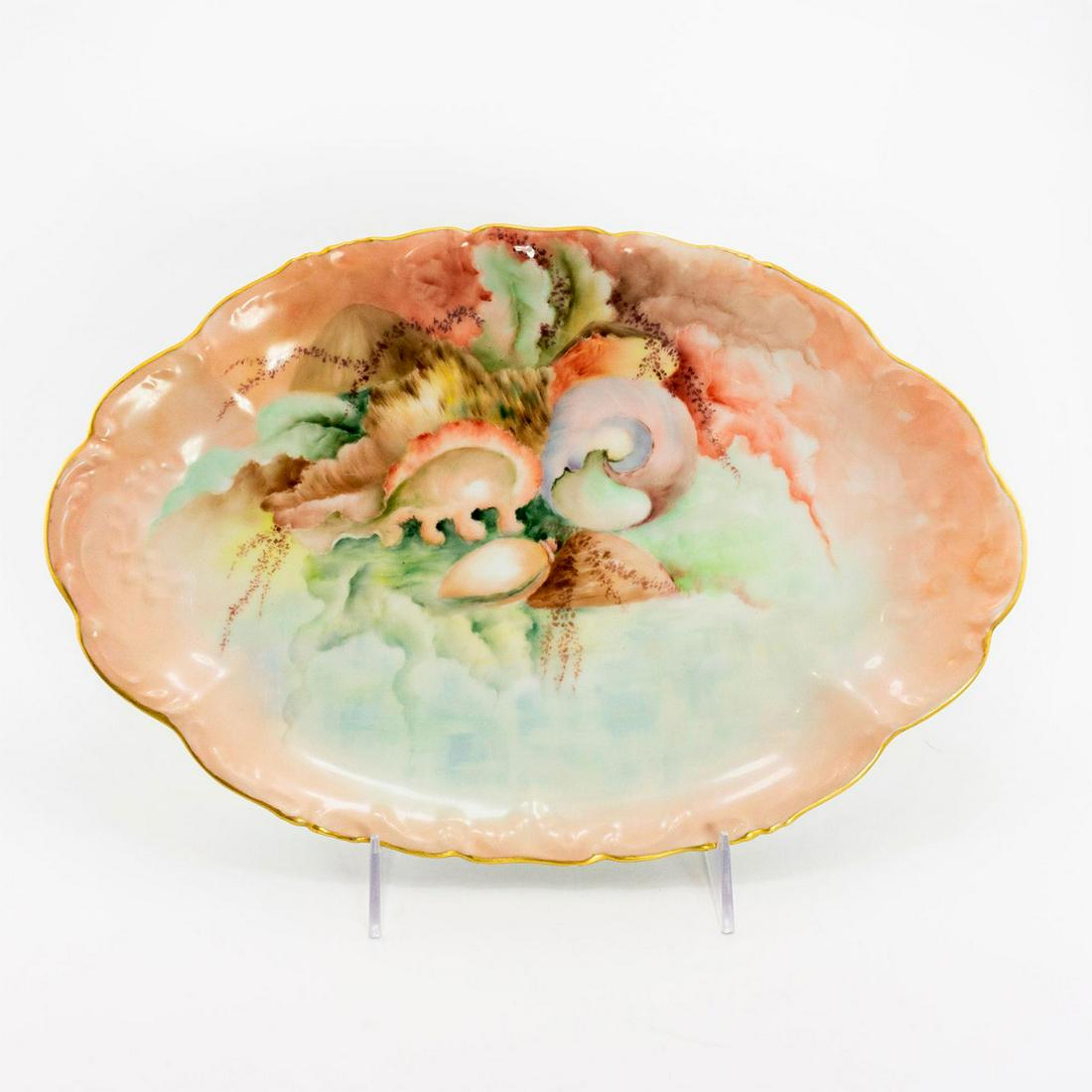Venice T&V Limoges France Plate, Sea Shells Ocean Scene: Vintage hand painted gold rimmed coral colored plate with seashell motives in red blue and green variations. Patd Dec 22 1896 stamped on the back side. T&V Limoges backstamp. Issued: 1896 Dimensions: 