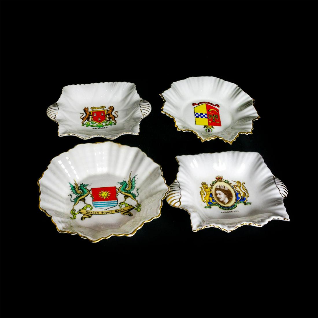 4pc Shelley Porcelain Pin Dish: Glossy white porcelain with gold gilt accents. Queen Elizabeth II, Aberdeen, Rothesay, Weston Super Mare. Shelley backstamp. Issued: 20th c. Manufacturer: Shelley Country of Origin: England