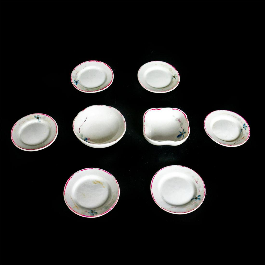 8pc Vintage Miniature Porcelain Tea Saucers and Plates: Glossy porcelain; Wonderful mini set of saucers for tea cups likely for a doll house. Issued: 20th c.