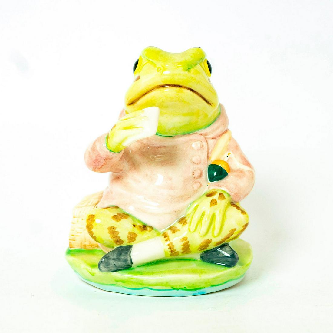 Mr. Jeremy Fisher (Large) - Royal Albert - Beatrix: Royal Albert Backstamp. Second version. First Variation. Lilac coat, green frog with stripes on legs. Modeled by Martyn Alcock, issued 1994 - 1997. Artist: Martyn Alcock Issued: 1994 - 199 Dimensions: