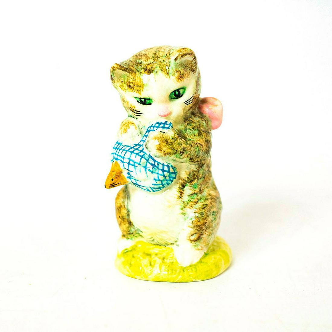 Miss Moppet (Striped) - Beswick - Beatrix Potter: Beswick Backstamp. Striped brown cat, blue checkered kerchief. Artist: Arthur Gredington Issued: 1978 - 2002 Dimensions: 3''H Manufacturer: Beswick Country of Origin: England