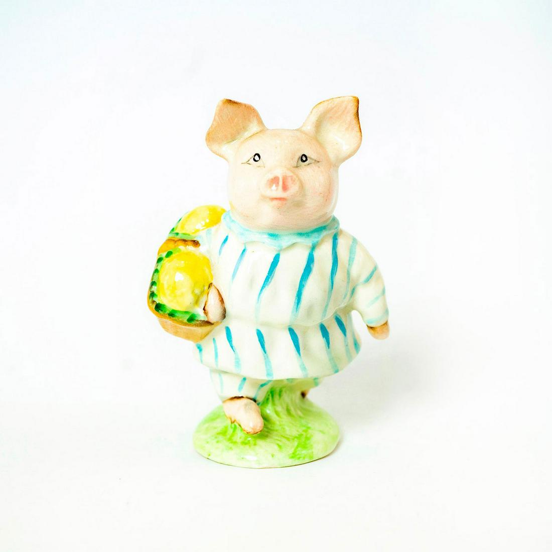 Little Pig Robinson (Striped Pajamas) - Beswick -: Beswick Backstamp. White and blue striped dress, brown basket with yellow cauliflowers. Artist: Arthur Gredington Issued: 1948 - 1974 Dimensions: 4''H Manufacturer: Beswick Country of Origin: England