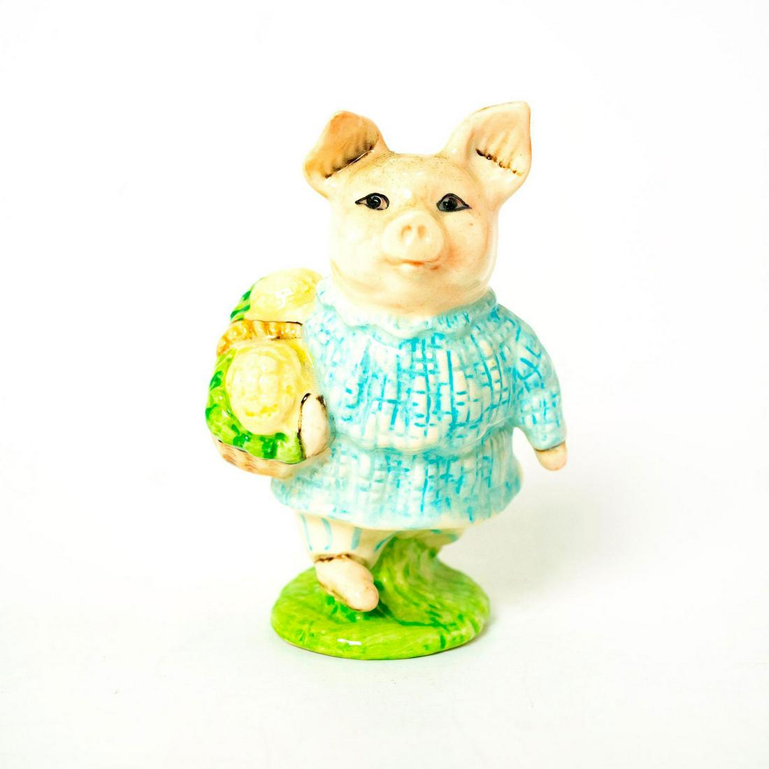 Little Pig Robinson Plaid - New Beswick - Beatrix: Beswick Backstamp. Blue checked dress, brown basket with yellow cauliflowers. Artist: Arthur Gredington Issued: 1948 - 1974 Dimensions: 4"H Manufacturer: Beswick Country of Origin: England