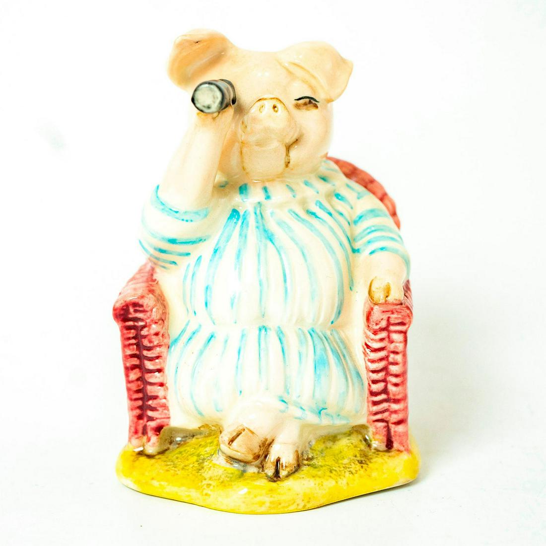 Little Pig Robinson Spying - Royal Albert - Beatrix: Royal Albert Backstamp. Blue and white striped outfit, rose-pink chair. Artist: Ted Chawner Issued: 1987 - 1993 Dimensions: 3.5''H Manufacturer: Beswick Country of Origin: England