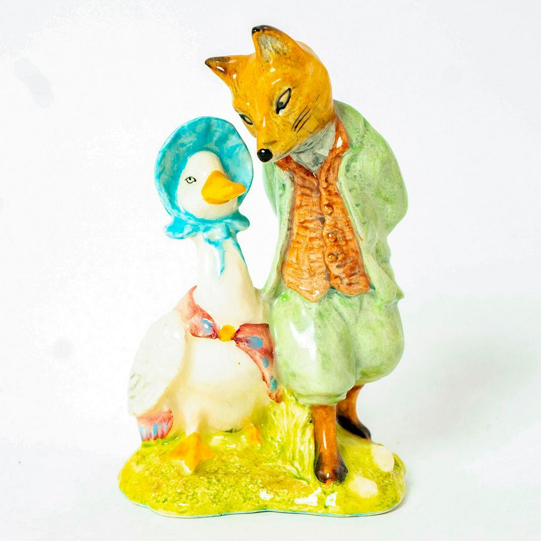 Jemima Puddle-Duck with Foxy Whiskered Gentleman -: Royal Albert Backstamp. Brown, green, white, and blue. Artist: Ted Chawner Issued: 1990 - 1999 Dimensions: 4.75''H Manufacturer: Beswick Country of Origin: England