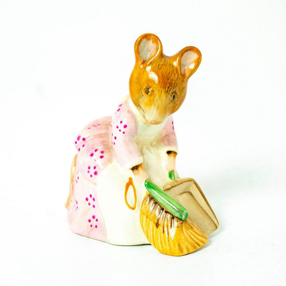Hunca Munca Sweeping - Beswick - Beatrix Potter: Beswick Backstamp. Mauve patterned dress with white apron, green broom handle. Artist: David Lyttleton Issued: 1977 - 2002 Dimensions: 3.5''H Manufacturer: Beswick Country of Origin: England
