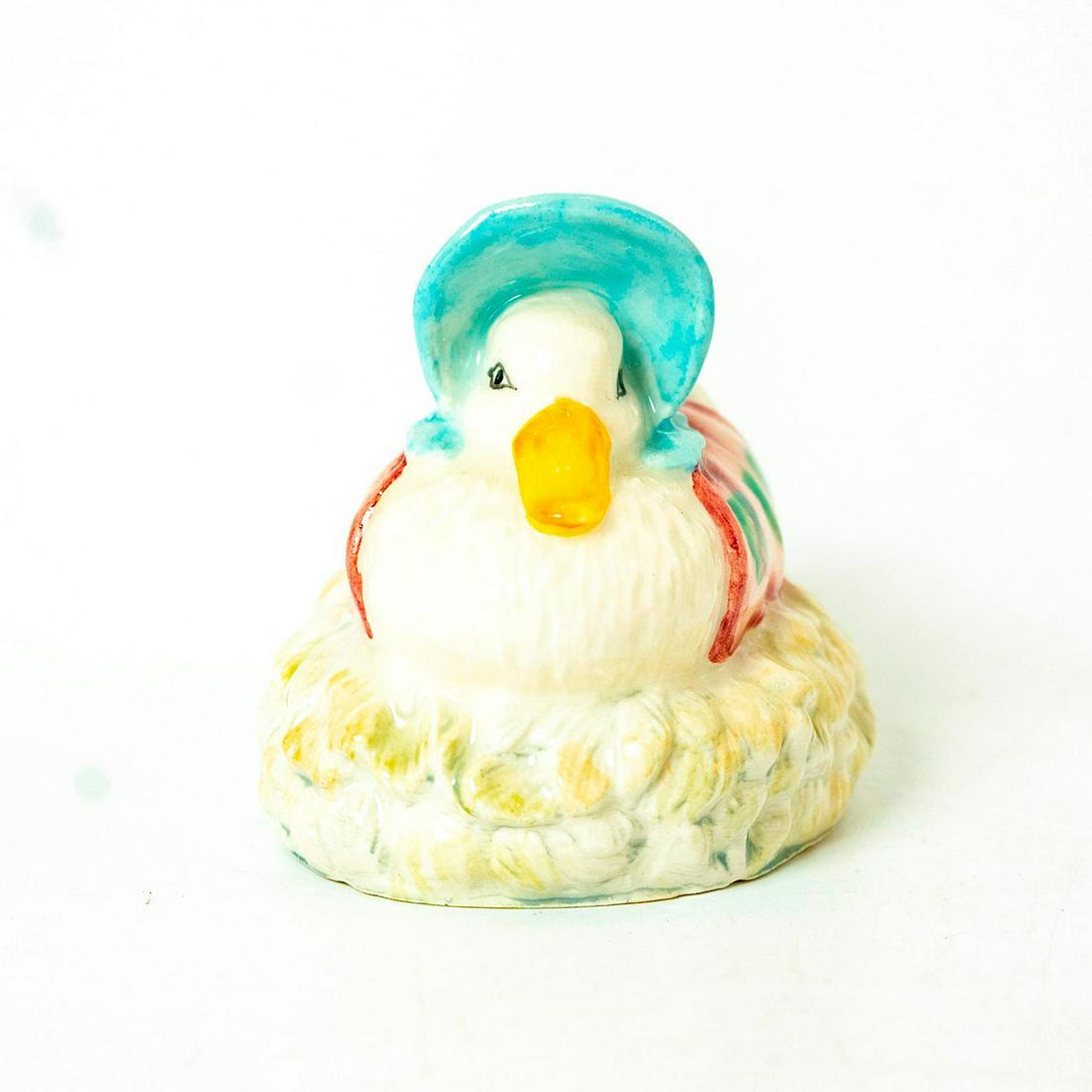 Jemima Puddle-Duck Made Feather Nest - Royal Albert -: Royal Albert Backstamp. White duck, mauve or pink shawl, blue hat. Artist: David Lyttleton Issued: 1983 - 1997 Dimensions: 2.25''H Manufacturer: Beswick Country of Origin: England