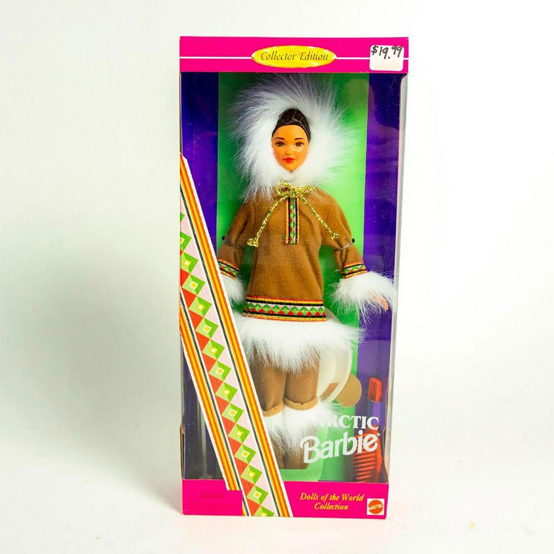 Arctic Barbie Doll; Dolls Of The World Collection: Barbie dressed in a warm, furry, coat; pants and boots. Doll stand included. With original box. SKU #16495. #arcticbarbiedoll Issued: 1996 Dimensions: 11"H Manufacturer: Mattel Country of Origin: Mala