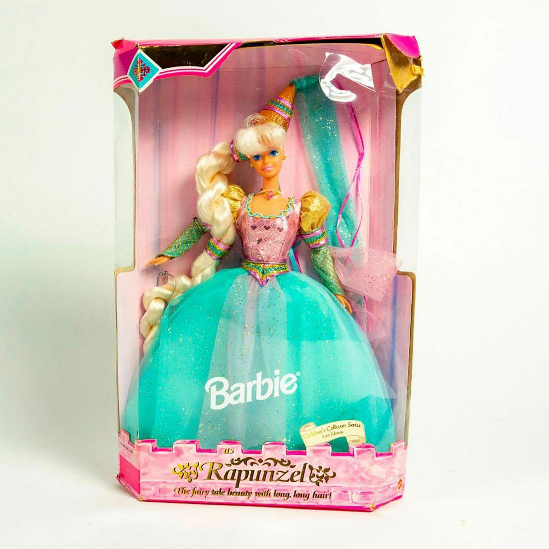 Barbie as Rapunzel doll: Barbie in teal and pink, elegant dress; with hat. Long. blonde hair. With original box. #barbie #rapunzel SKU #13016 Issued: 1994 Dimensions: 11"H Manufacturer: Mattel Country of Origin: China