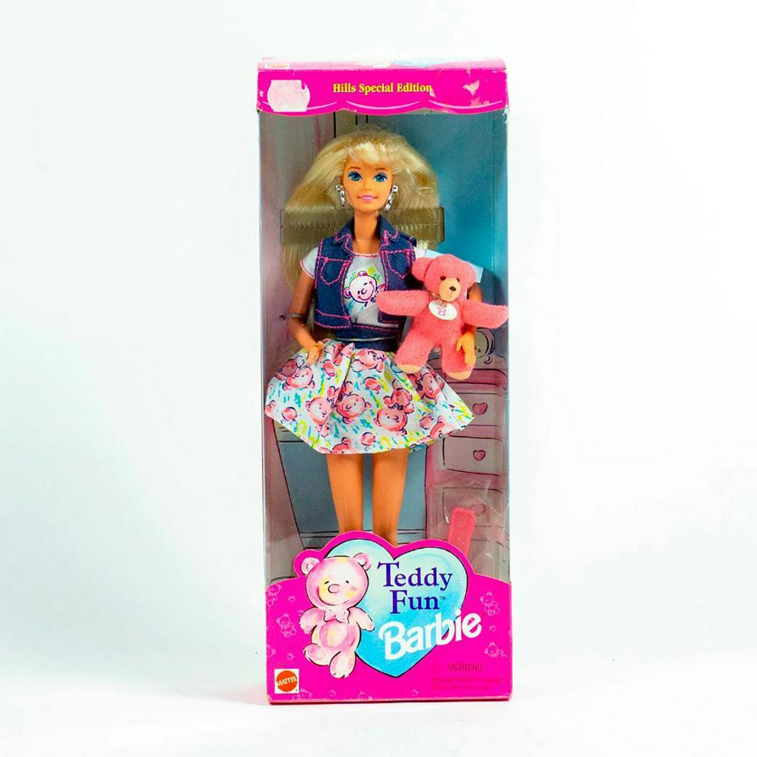Barbie Doll, Teddy Fun: Barbie wears a fun outfit with a bear pattern and a denim vest. SKU #15684. #barbie Issued: 21st c. Dimensions: 12"H Manufacturer: Mattel Country of Origin: Indonesia
