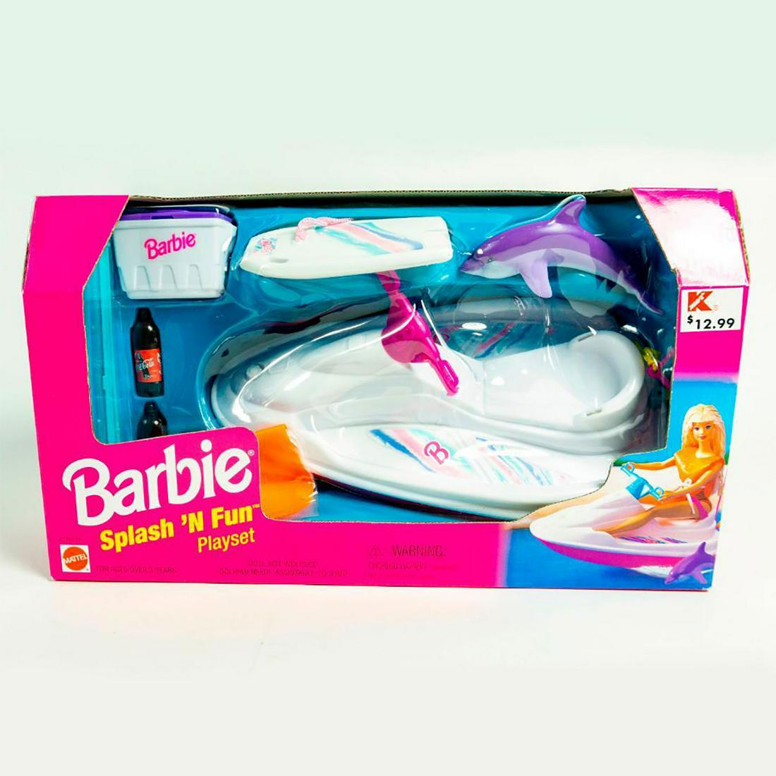 Barbie Splash 'N Fun Playset: Barbie accessory Jetski, boogie board and cooler with soda bottles; life jacket and dolphin included. With original box. #barbiejetski #barbie SKU #67707-91 Issued: 1998 Dimensions: 10"L Manufacturer: