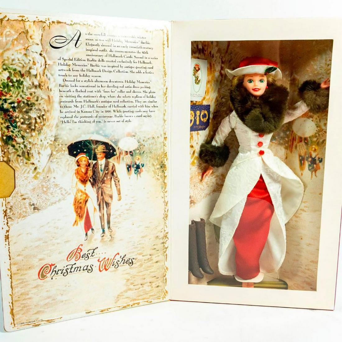 Holiday Memories Barbie Doll: Barbie is dressed in a lovely white flared jacket and skirt with a red skirt underneath. Her jacket is trimmed in brown faux fur at the collar and cuffs, and the ensemble is accented with a red and wh