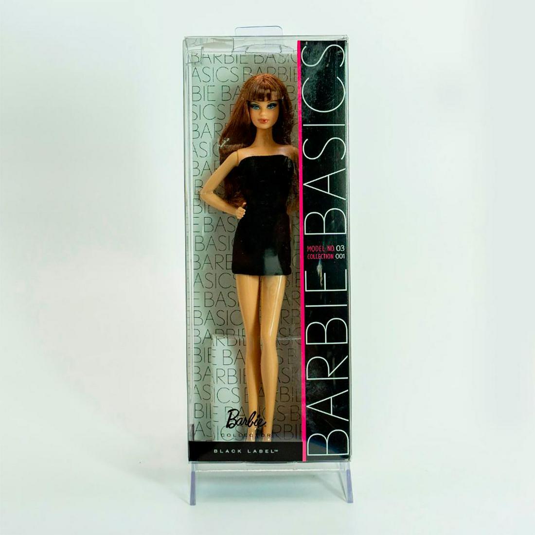 Mattel Barbie Basics Doll, Black Label No. 03: Collection 001, collectors keepsake auburn haired Barbie in a little black dress; with original box. SKU #R9921. Asst #R9920. Issued: c. 2009 Dimensions: 13"H Manufacturer: Mattel Country of Origin: I