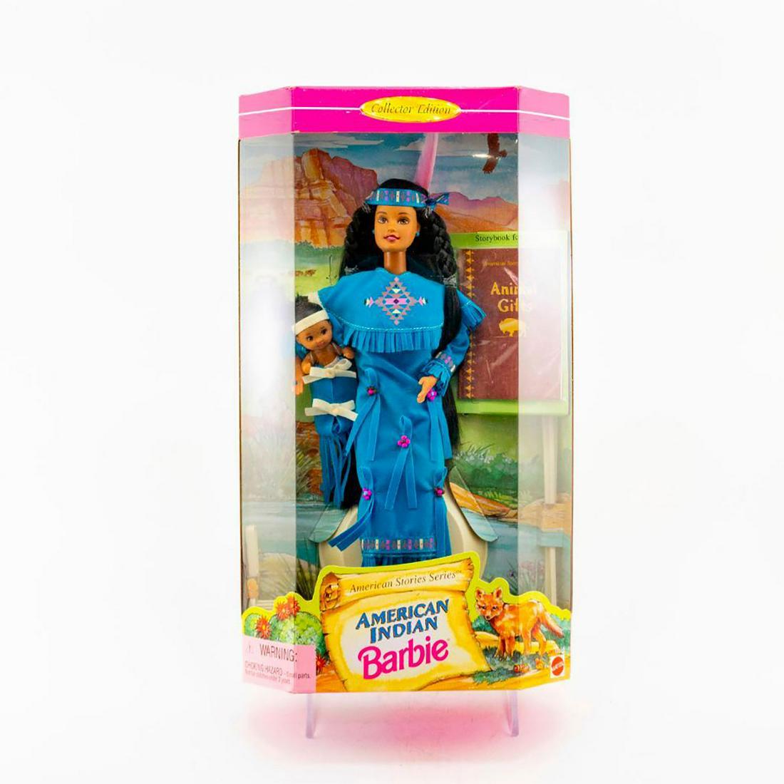 Mattel Barbie Doll, American Indian Barbie: American Stories Collection. Barbie with baby doll. Includes American Gifts book. Housed in original box. SKU: #17313 Issued: 1996 Dimensions: 13.5"H Manufacturer: Mattel Country of Origin: Indonesia