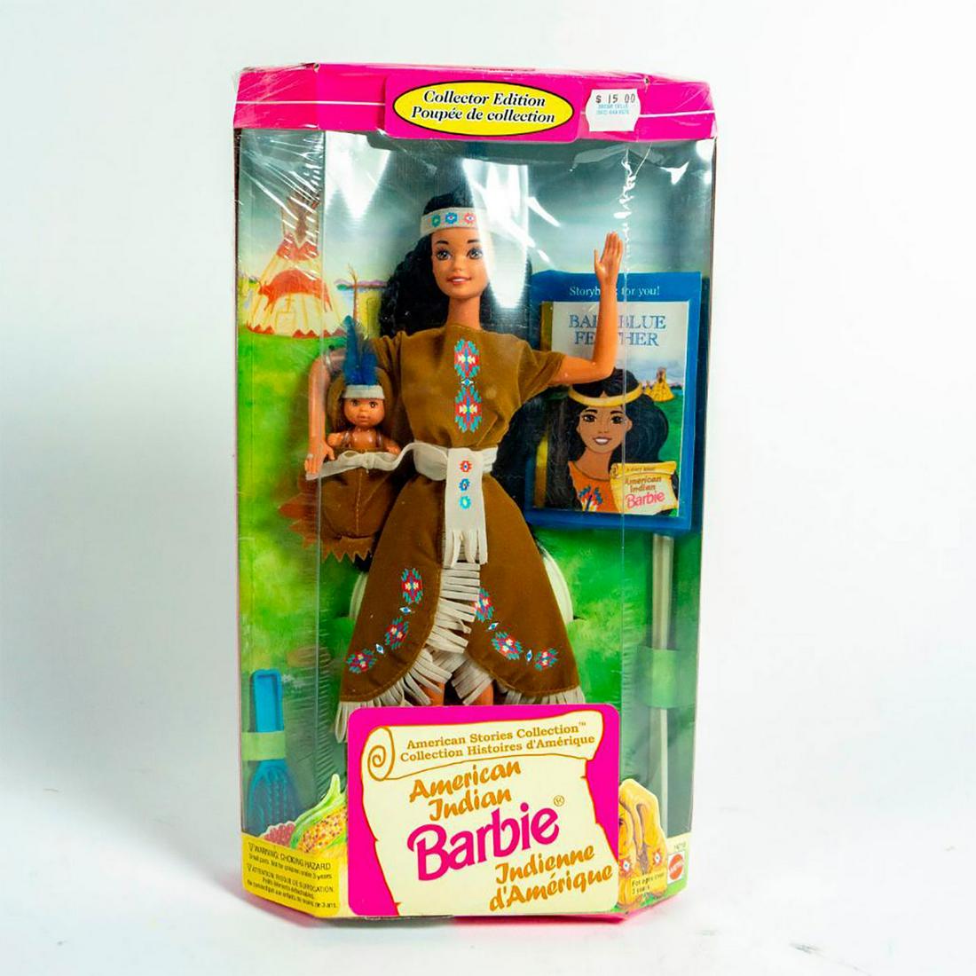 Mattel Barbie Doll, American Indian Barbie: American Stories Collection. Barbie with baby doll. Includes Baby Blue Feather book. SKU #14715. Housed in original box. Issued: 1995 Dimensions: 13.5"H Manufacturer: Mattel Country of Origin: Indones