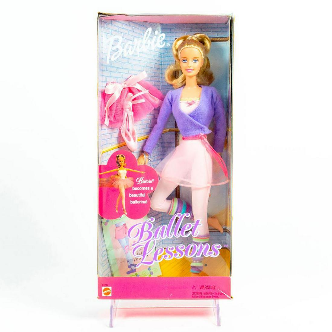 Mattel Barbie Doll, Ballet Lessons: Barbie becomes a ballerina. Includes tutu and ballet slippers. SKU #26774. Housed in original box. Issued: 1999 Dimensions: 13"H Manufacturer: Mattel Country of Origin: Indonesia