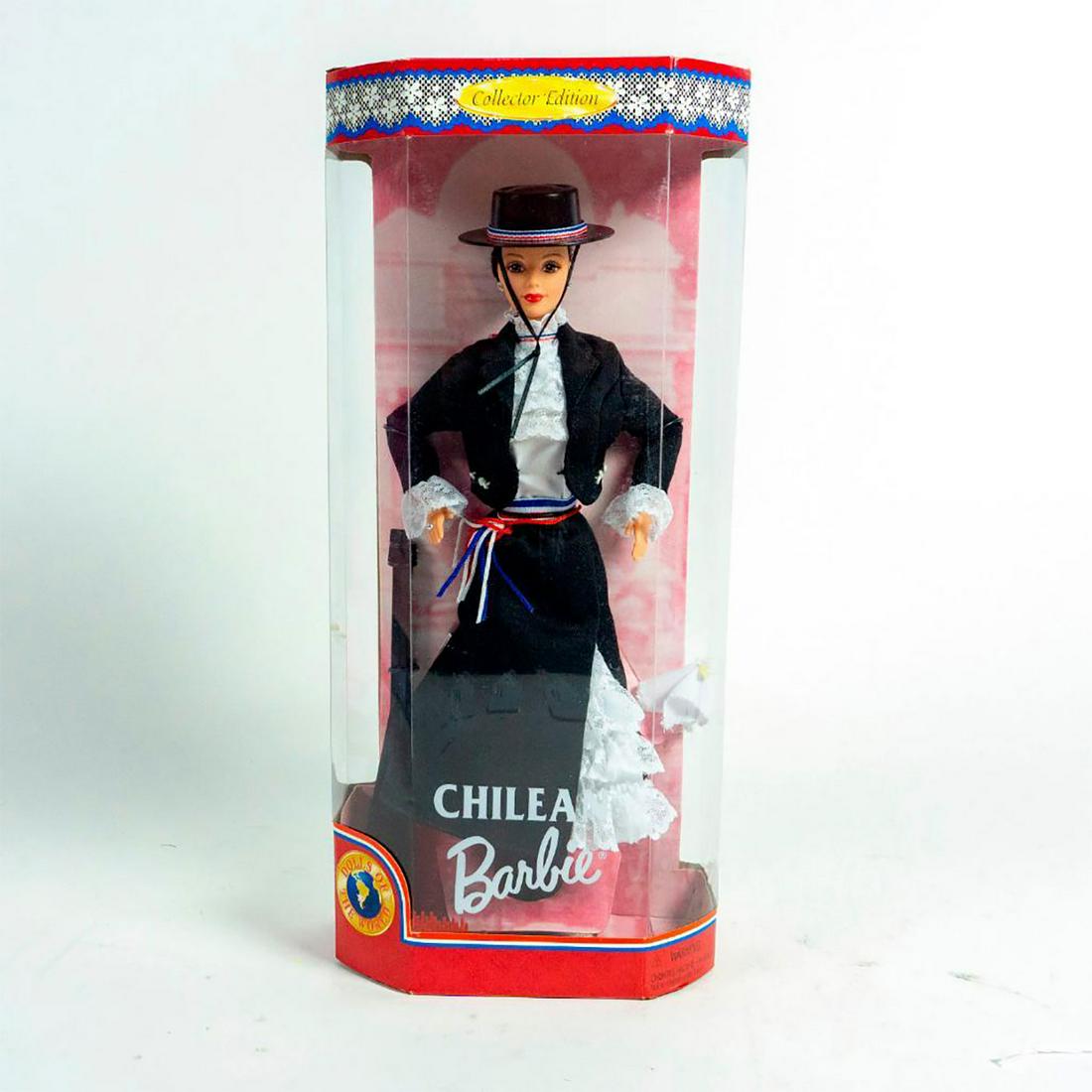 Mattel Barbie Doll, Chilean: Dolls of the World; Collectors Edition. 11.5" Barbie, hairbrush and doll stand. SKU #18559. Housed in original box. Issued: 1997 Dimensions: 13.5"H Manufacturer: Mattel