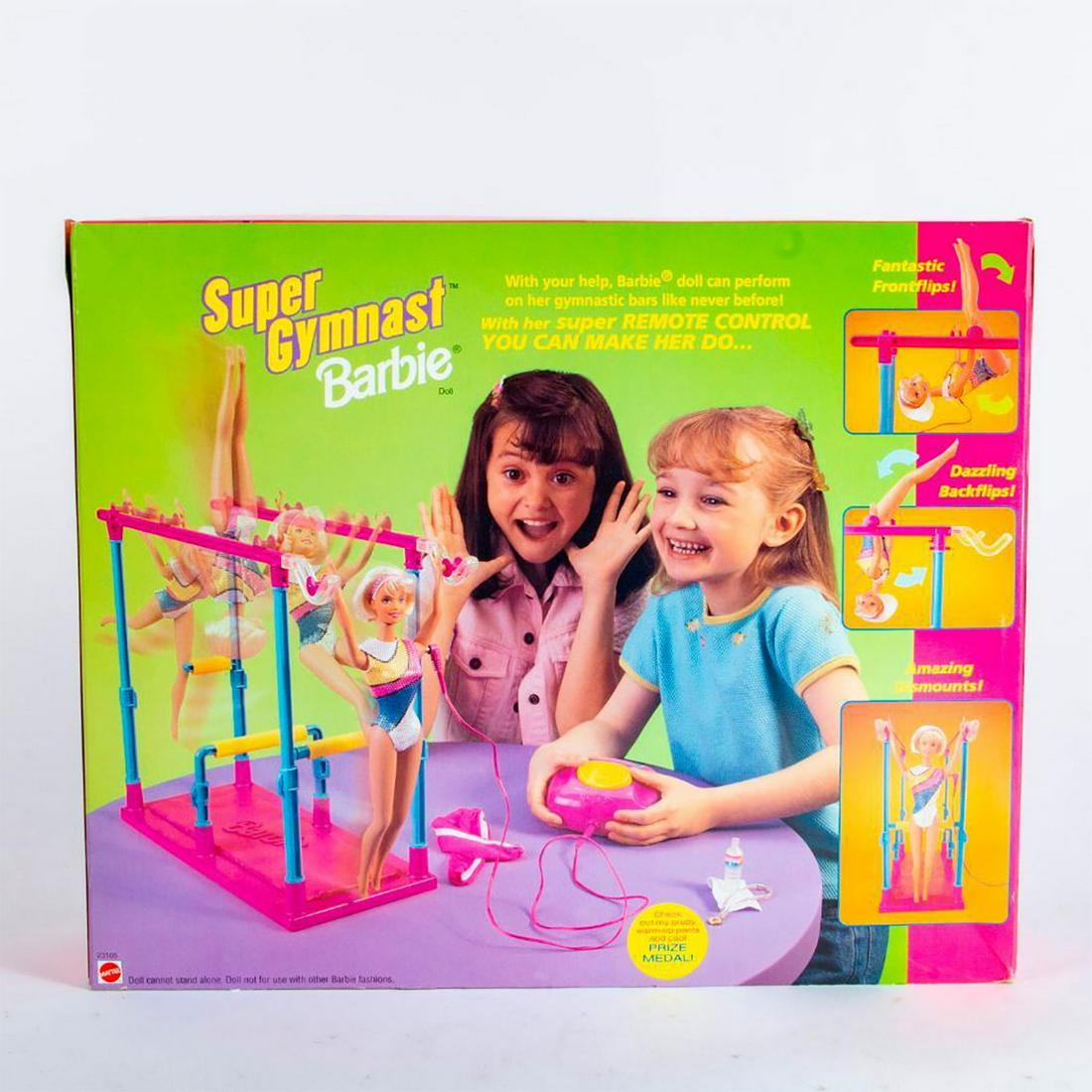 Mattel Barbie Doll, Super Gymnast Barbie: Barbie gymnast with remote control. Includes leotard, warm up pants and bars. Barbie can do flips and splits and amazing gymnastic routines. Includes all original accessories. Housed in original box. 