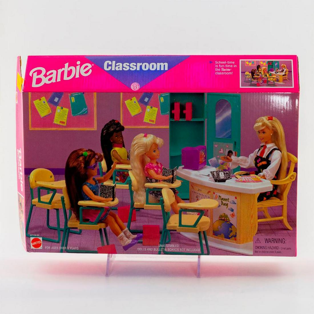 Mattel, Barbie Classroom Set: Barbie classroom set; Teacher and students desks, locker, and supplies included. With original box. SKU #67114-91. Issued: 1996 Dimensions: 14"L x 10"W Manufacturer: Mattel Country of Origin: Hong Kon