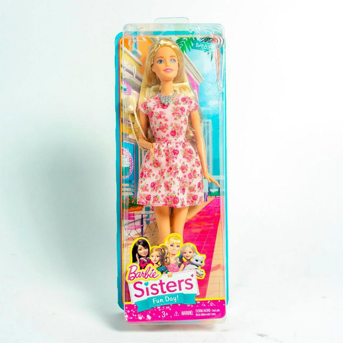 Mattel, Barbie Sisters' Fun Day! Doll: Barbie dressed in light and dark pink floral dress; light purple heels. With original box. #barbie Issued: 2014 Dimensions: 11"H Manufacturer: Mattel Country of Origin: Indonesia