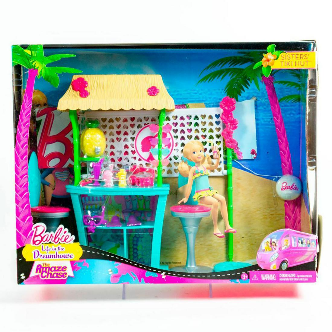 Mattel, Barbie's Sisters Tiki Hut: Teal tiki hut with pink and gray stools. White backdrop; Bar accessories and snorkel equipment. With original box. SKU #CBR14. Issued: 2013 Dimensions: 13"H Manufacturer: Mattel Country of Origin: Chi