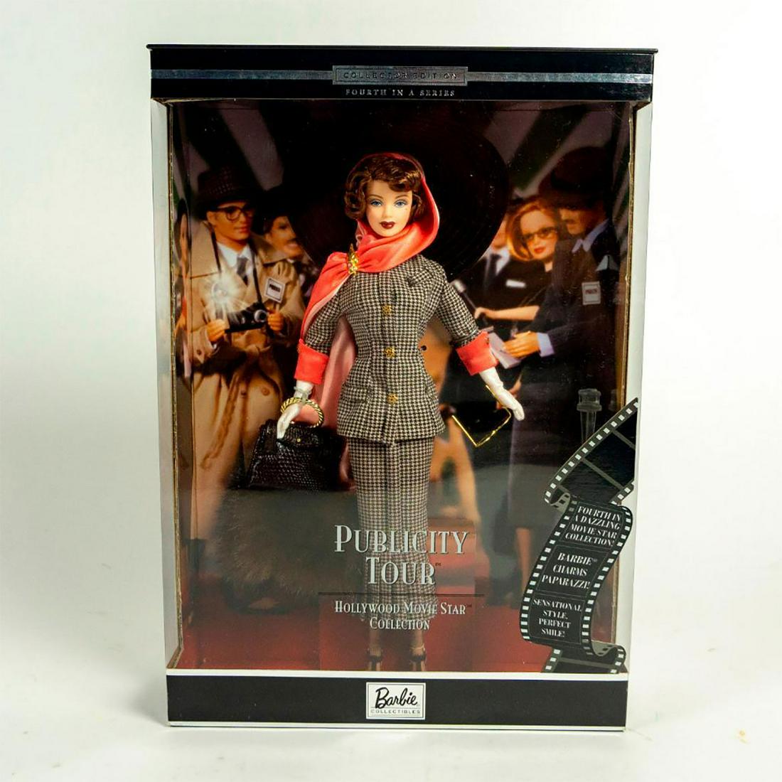 Mattel, Publicity Tour Barbie Doll: Barbie in her finest attire; Stunning checkered outfit from head to toe with scarf. Sunglasses and purse included. With original box. SKU #27685. #barbie Issued: 2000 Dimensions: 13"H Manufacturer: Ma