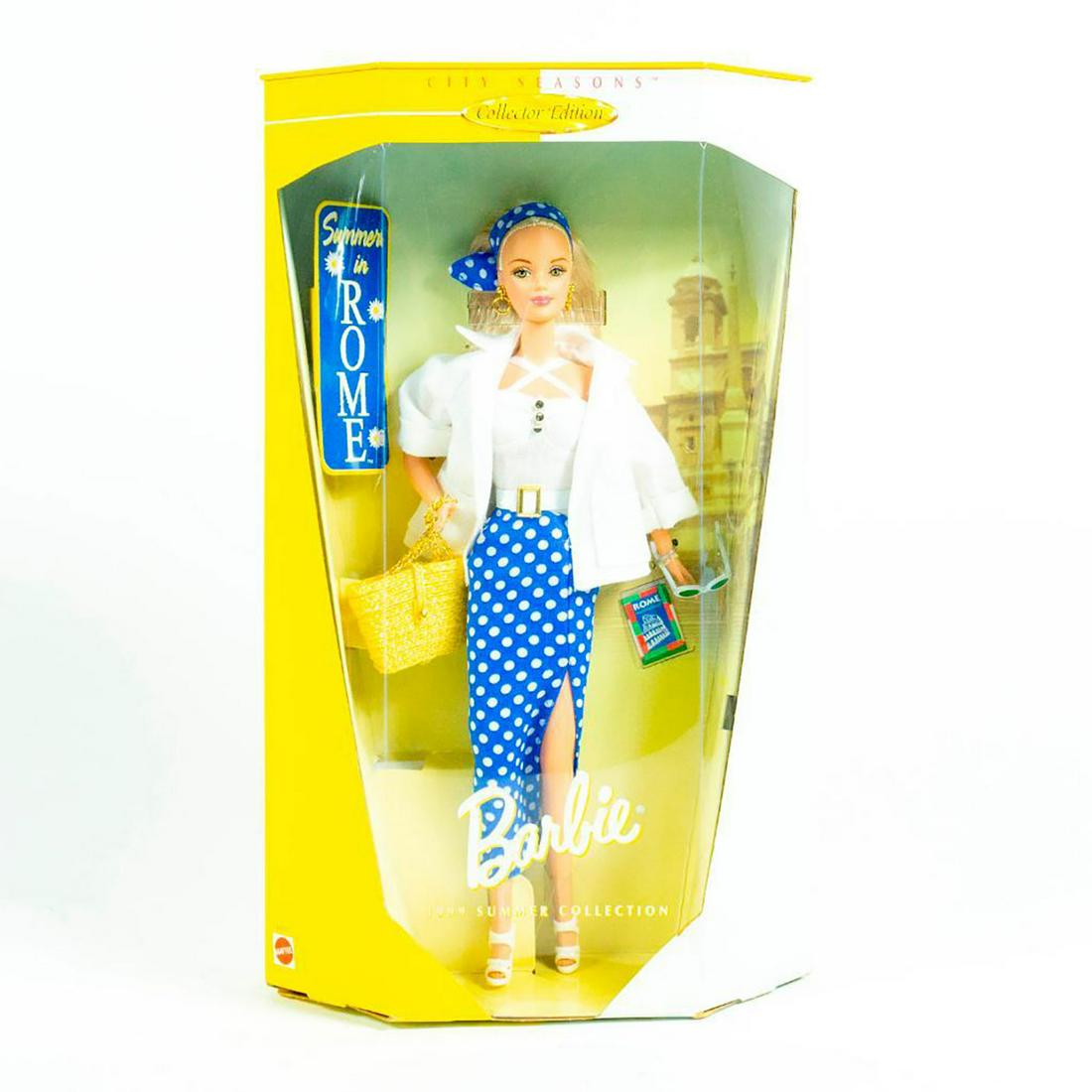 Mattel, Summer In Rome Barbie Doll: Barbie dressed elegantly in blue skirt with white polka dots; white halter top and white jacket. Purse, sunglasses and map included. With original box. SKU #19431. Issued: 1998 Dimensions: 13"H Manufa
