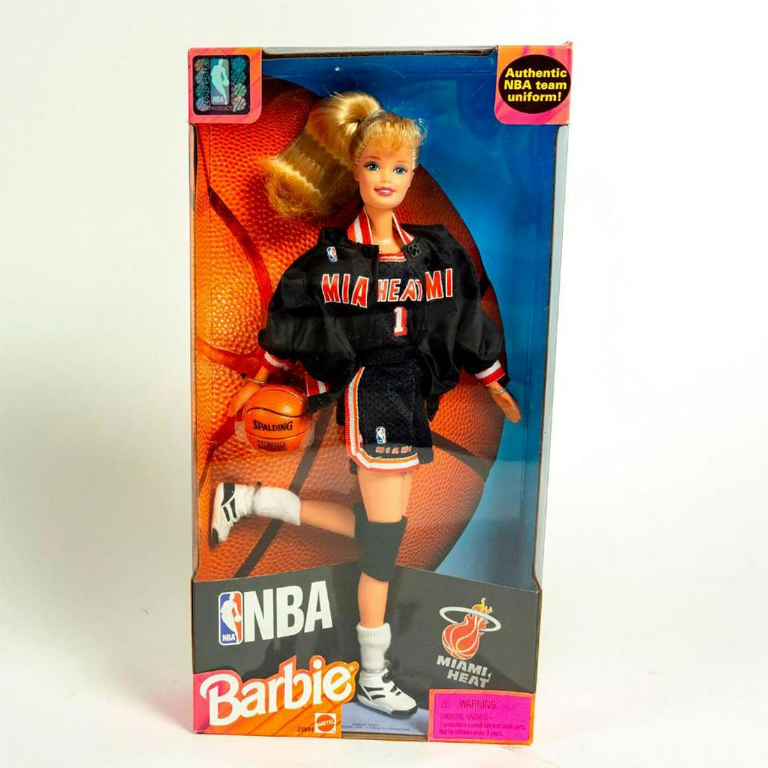 NBA Miami Heat Barbie Doll: Barbie dressed in all Miami Heat gear with black and white sneakers. Basketball included. With original box. #barbie #nba #miamiheatbarbie SKU #20694 Issued: 1998 Dimensions: 12"H Manufacturer: Mattel