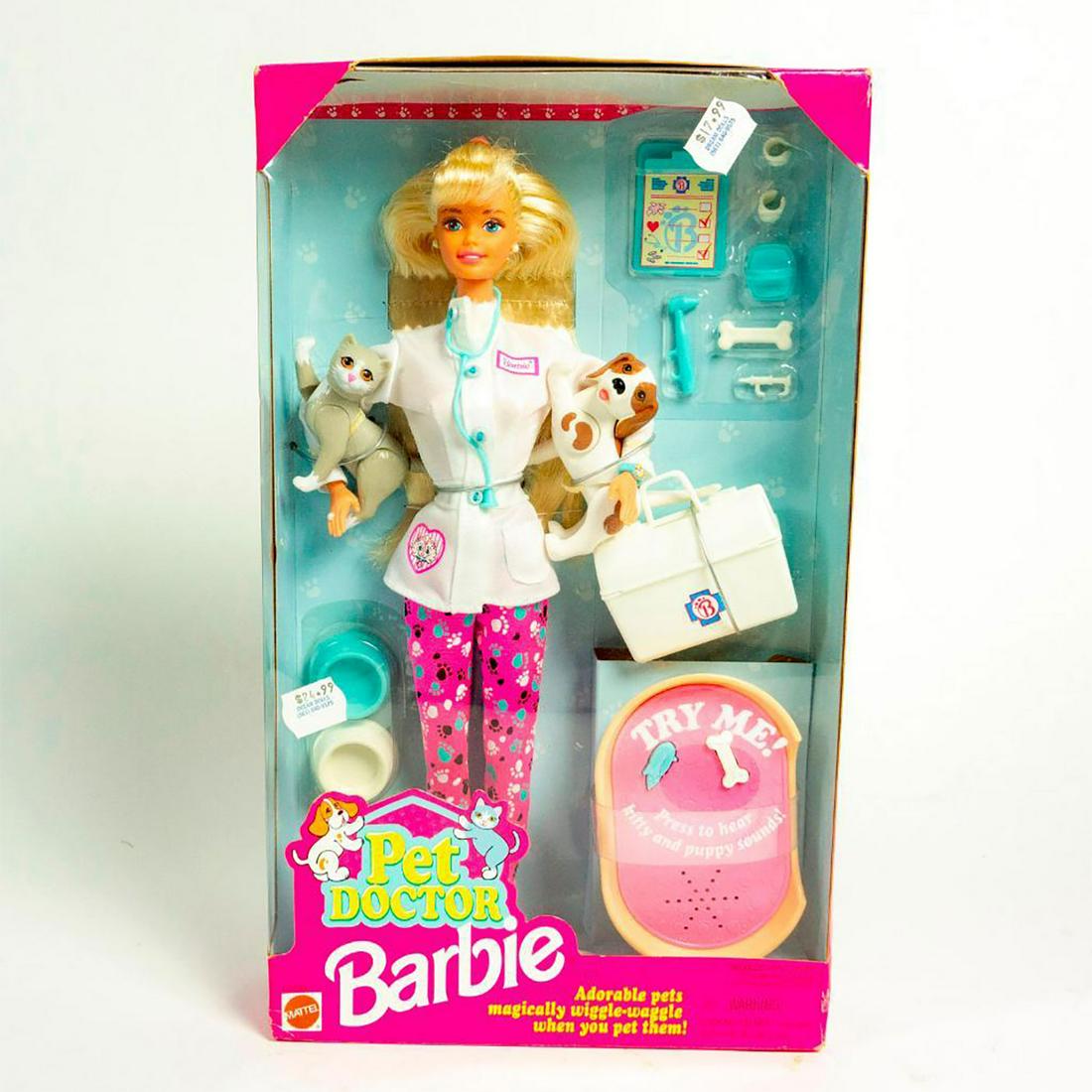 Pet Doctor Barbie Doll: Barbie is a veterinarian; White doctor coat; paw print pants. Doctor kit, cat and dog included. With original box. SKU 14603. #petdoctorbarbie Issued: 1996 Dimensions: 11"H Manufacturer: Mattel Countr