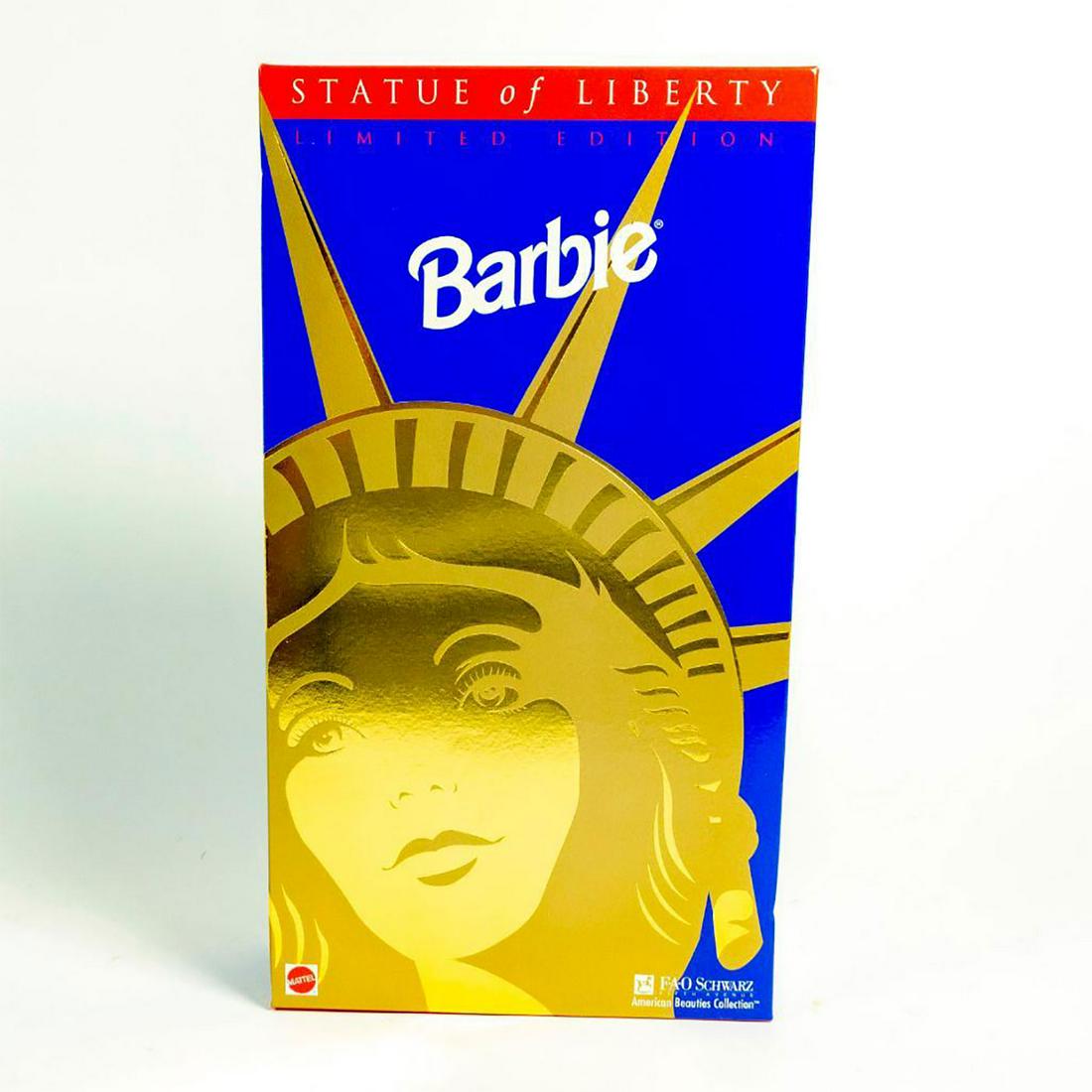 Statue of Liberty Barbie Doll: Barbie dressed in a beautiful red, white and blue sequin dress. Torch included. With original box. #barbie #usa #newyork SKU #14664 Issued: 1995 Dimensions: 13"H Manufacturer: Mattel Country of Origin