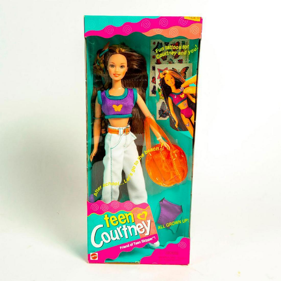 Teen Courtney, Friend of Teen Skipper Doll: Teen Courtney in tank top and pants; orange bag. Tattoo stickers included. With original box. #barbie #teencourtney SKU #17354 Issued: 1996 Dimensions: 10"H Manufacturer: Mattel Country of Origin: Chi