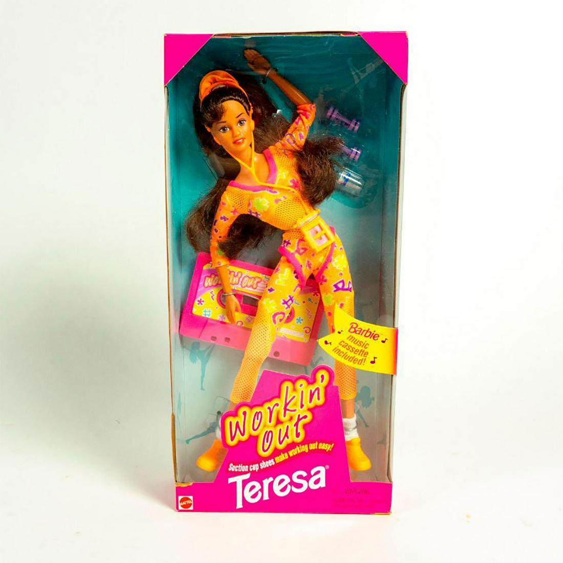 Working Out Teresa Barbie Doll: Teresa in orange workout gear, listening to orange cassette tape, suction cup feet. With Original Box. SKU #17318. #barbie #workoutbarbie Issued: 1996 Dimensions: 11"H Manufacturer: Mattel Country of