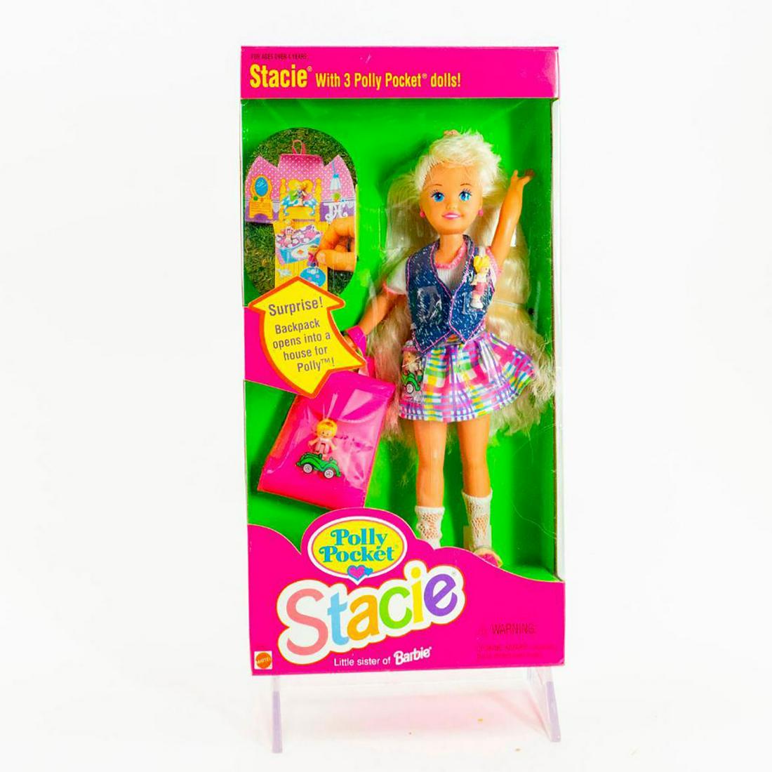 Mattel Stacie Doll, Polly Pocket Stacie: Stacie wears a fun, spunky outfit holding a Polly Pocket backpack. SKU #12962. Issued: 20th c. Dimensions: 7.5"H Manufacturer: Mattel Country of Origin: Malaysia