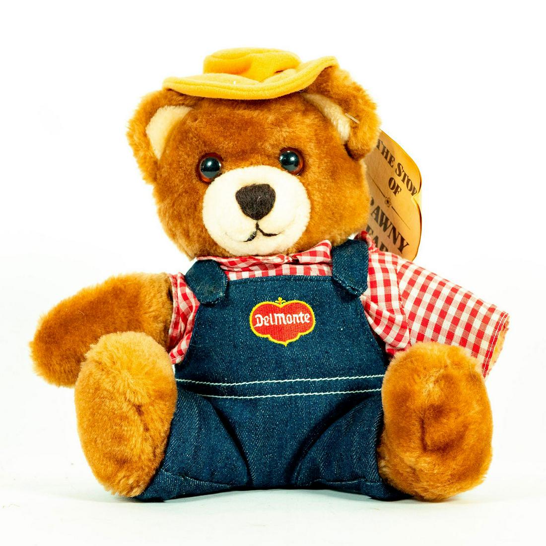 Del Monte Teddy Bear, The Story of Brawny Bear: Brown plush bear with Del Monte denim overalls and brown soft hat. The Story of Brawny Bear original hang tag attached to right ear. Issued: 20th c. Dimensions: 10"H Manufacturer: R. Dakin & Co. Count