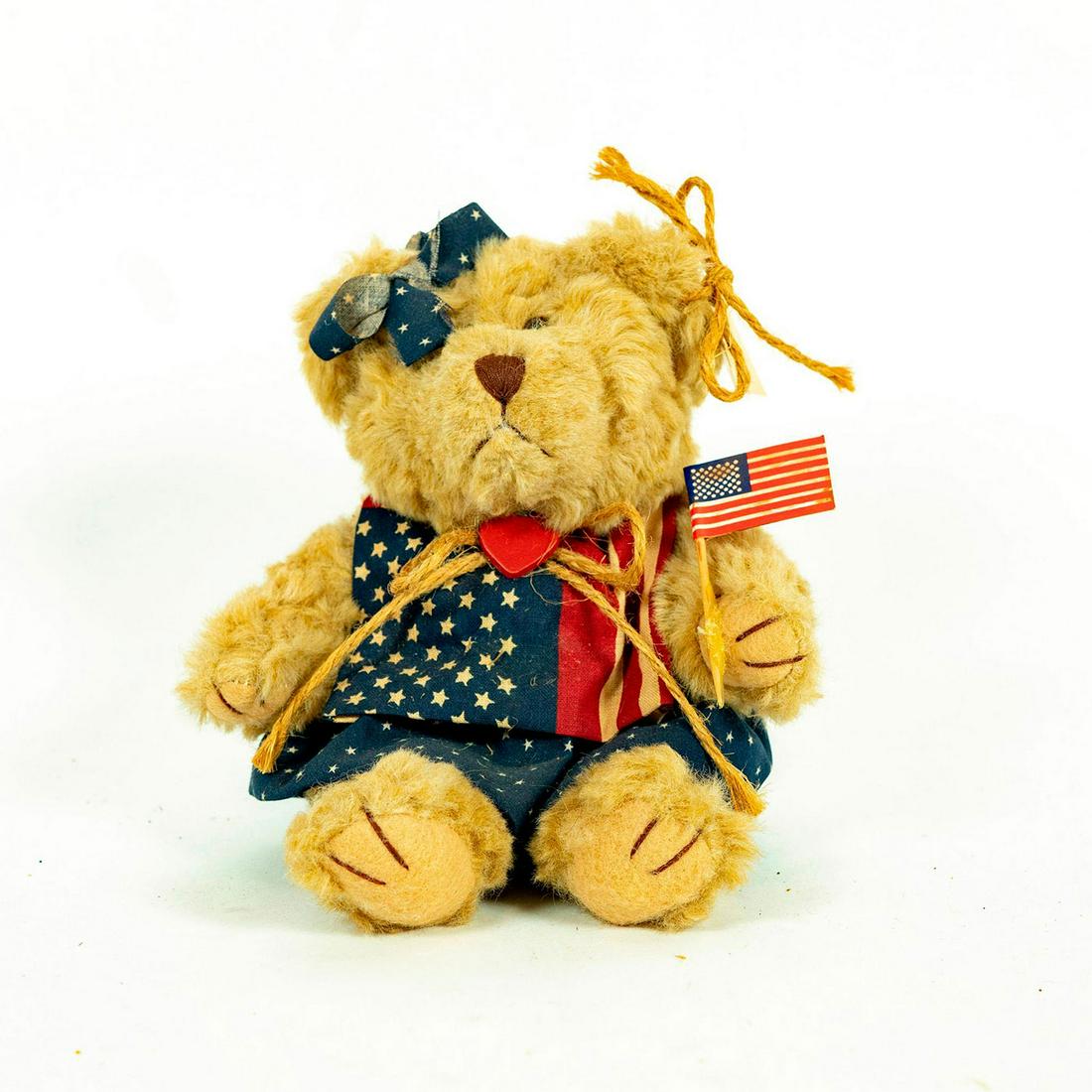 Vintage Teddy Bear, Marky Freedom, Honor: Handmade bear in stars and stipes outfit with US flag in right hand and bows on either ear. Artist: Marky Freedom Issued: 20th c. Dimensions: 7"H Country of Origin: United States