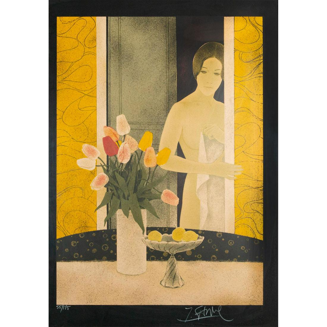 Framed Yves Ganne (French b. 1931) Lithograph, Woman: Limited edition 55 of 175. Features a semi nude woman standing by her doorway. The foreground depicts a table with a bouquet of tulips and a bowl of lemons. Signed and numbered on piece. Housed in woo