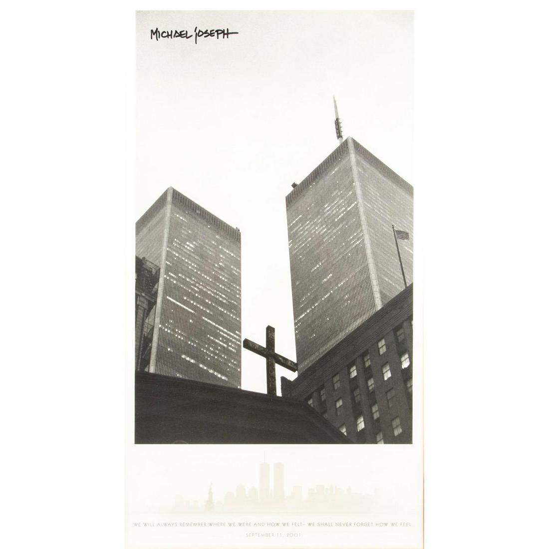 Framed Photograph, Twin Towers over Church of St.: Custom brown wood frame with cover. Artist sign on left top corner. This black and white photo was taken by Fort Lauderdale FL photographer Michael Joseph less than a year before the terrorist attack