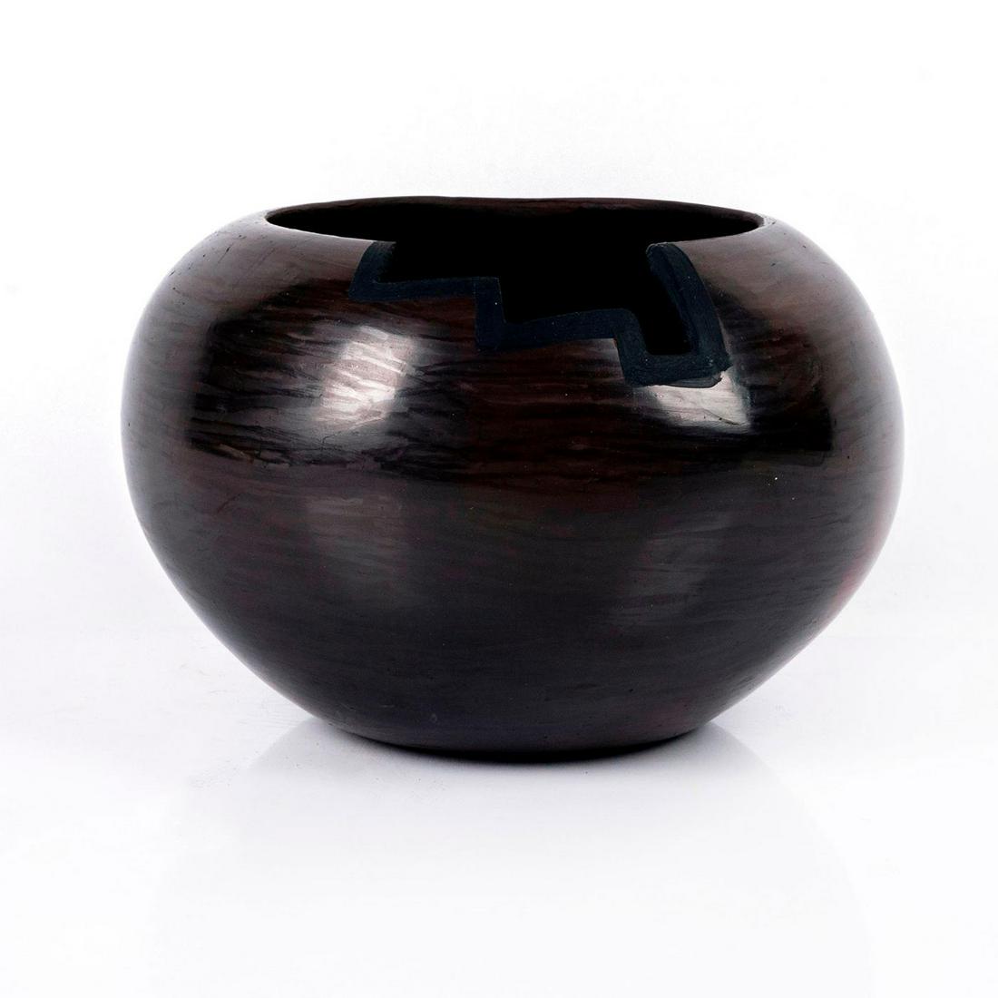 Native American Pueblo Pottery Vase Geometric Design: Diane Wade Isleta, NM Indian Pottery Vase with geometric rim Contemporary Native American Pottery Vase with Geometric cut design on rim of vessel - in dark rich browns and blacks with swirls surroundi