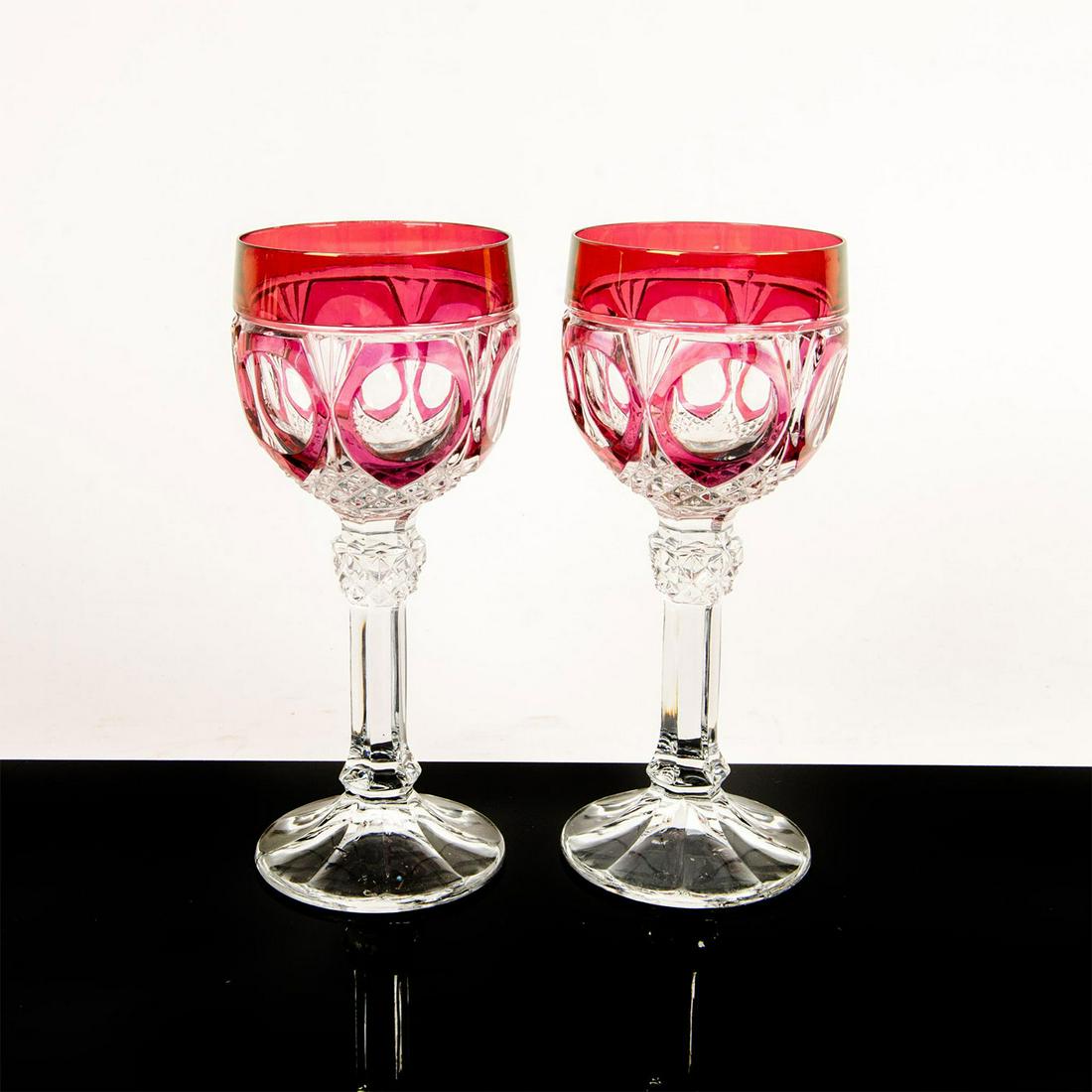 Set of 2 Crystal Ruby Red Colored Wine Glasses: Painted red design crystal wine goblets with lustered rim. Issued: 20th c. Dimensions: 7.5"H
