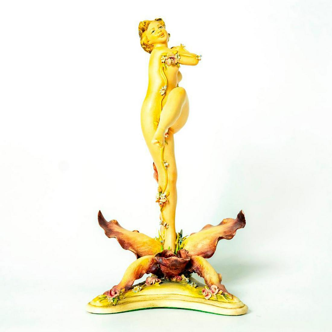 Antonio Borsato Milano Figurine, Nude Orchid: Vintage tan and purple dancing nude lady with floral vines wrapped around her body. Matte finish. Signed by artist. Felt base with Milano sticker. Tip of right orchid leaf missing. Artist: Antonio Bor