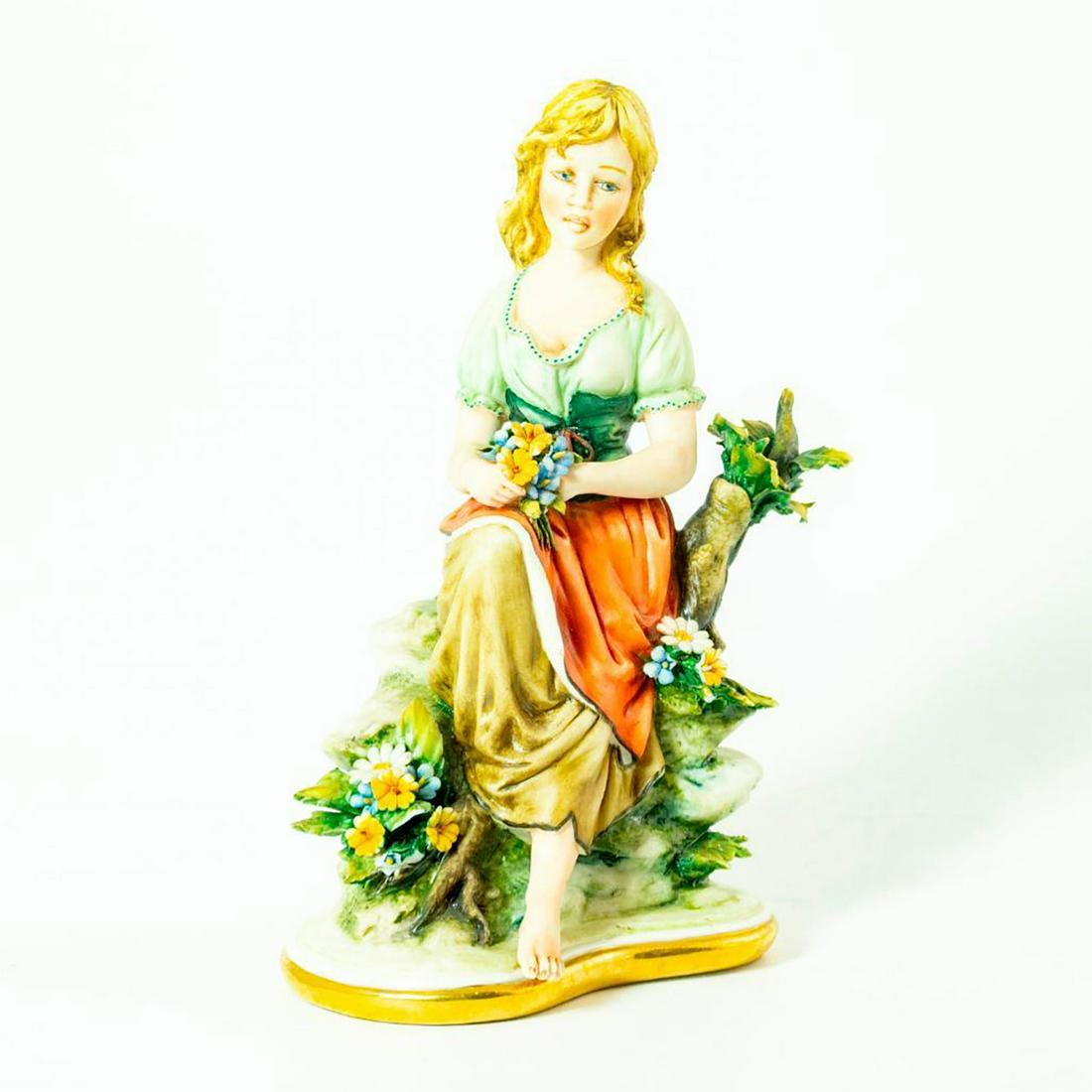 Capodimonte G. Cazzola Porcelain Figurine; Girl with: Porcelain figurine tableau with a matte finish; Girl sitting surrounded by nature, flowers in hand. Gold gilt trim. Capodimonte seal on lower back next to artist signature. Artist: G. Cazzola Issued: 