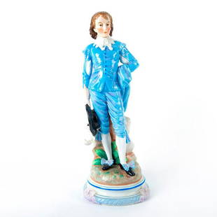 Ernst Bohne & Sohne Porcelain Figurine The Blue Boy: Glossy finish; Sky blue coloration; Large feathered cap in hand. Modeled as The Blue Boy from Thomas Gainsborough iconic 18th century painting. EBS imprinted under base. Issued: 20th c. Dimensions: 17