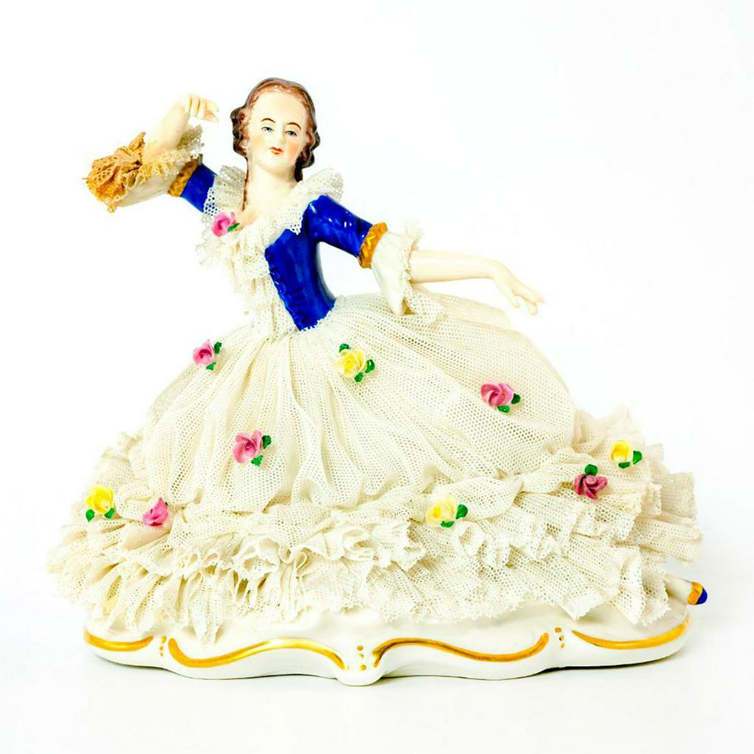 Muller Volkstedt German Figurine, Lady Dancer: Hand painted; porcelain lace dress adorned with flowers; gilt accents. Muller Volkstedt backstamp. Some loss to lace; discolored lace. Issued: 20th c. Dimensions: 6.5"H Manufacturer: Muller Volkstedt