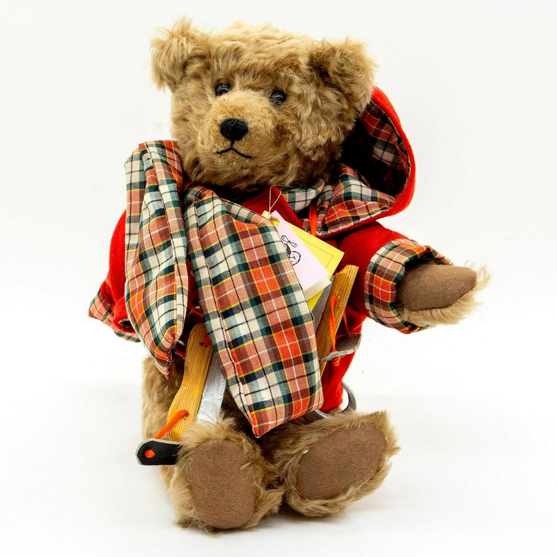 Boefie Bears Teddy Bear, Buddy: Fully jointed, mohair, glass eyes, shaved snout. Wearing a beautiful red jacket with a plaid inside and holding ski shoes. Original tag attached. Manufacturer: Boefie Bears Country of Origin: Netherla