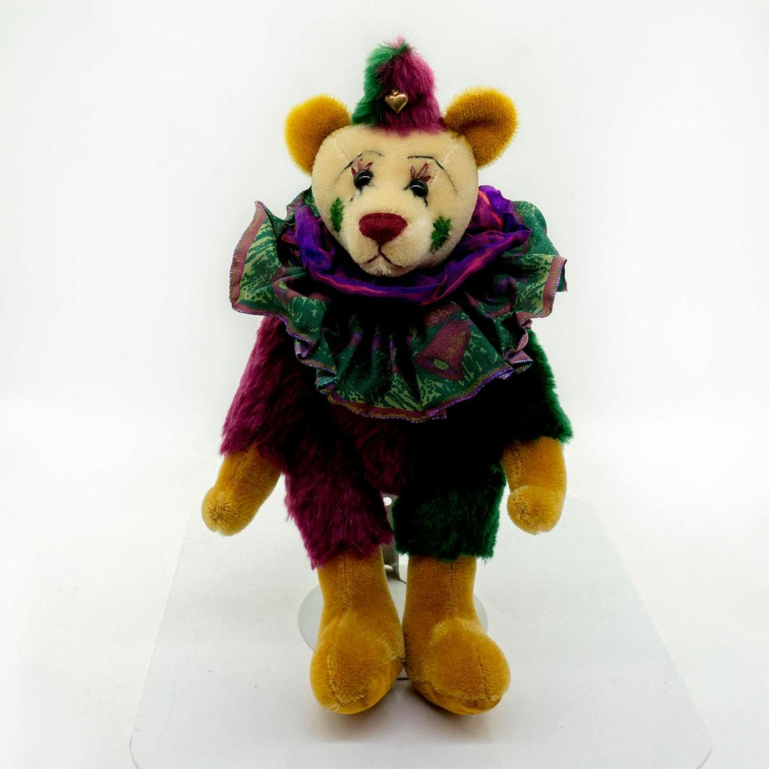 Celia Baham, Clown Mohair Teddy Bear: Hand crafted by award-winning artist Celia Baham. Fully jointed. Crafted with mohair, glass eyes, heart charm and satin ribbons. Comes with original tags. Hand stitched pattern on the face. #teddybear
