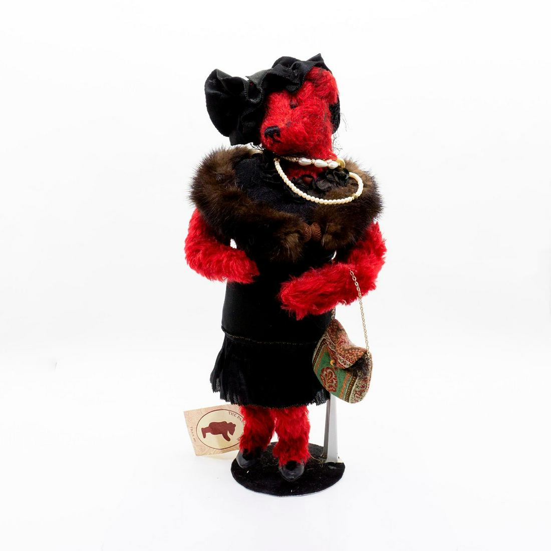 Fred Slayter Joyce Martin The Paisley Bear, Ruby Teddy: Eccentric red mohair, head is jointed, arms are bendable. Necklace and antique hat with veil, artist designed dress, hang bag and scarf. Black stitched eyes, nose, and mouth. Original tag with hand-wr