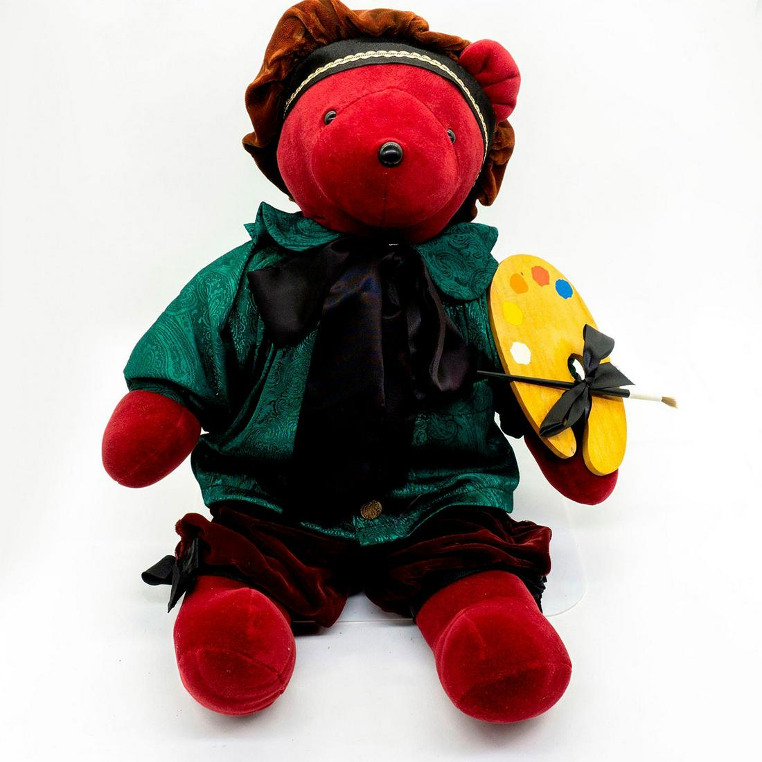 North American Bear Company Teddy Bear, Rembearandt: Plush, wearing a renaissance artist's outfit and holding a palette with a brush. Original tag attached. Issued: 20th c. Dimensions: 21"H Manufacturer: North American Bear Company Country of Origin: Un